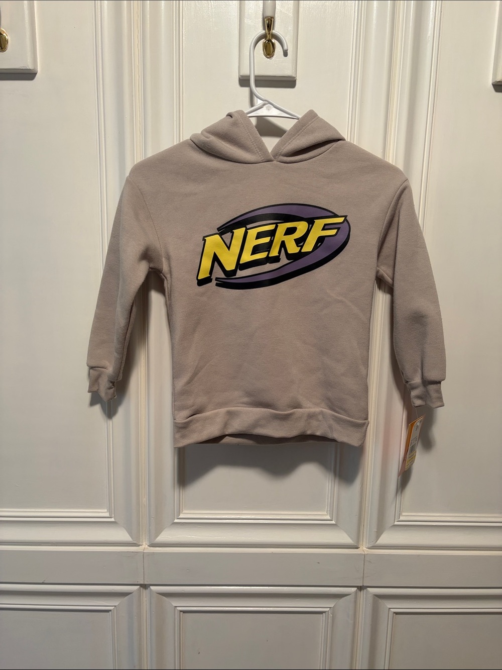 Nerf Taupe Kids Hoodie with Yellow & Purple Logo